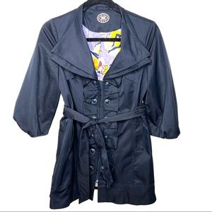 Anthropologie Idra Whimsy Ruffle Trench Coat Navy Blue  Button Front